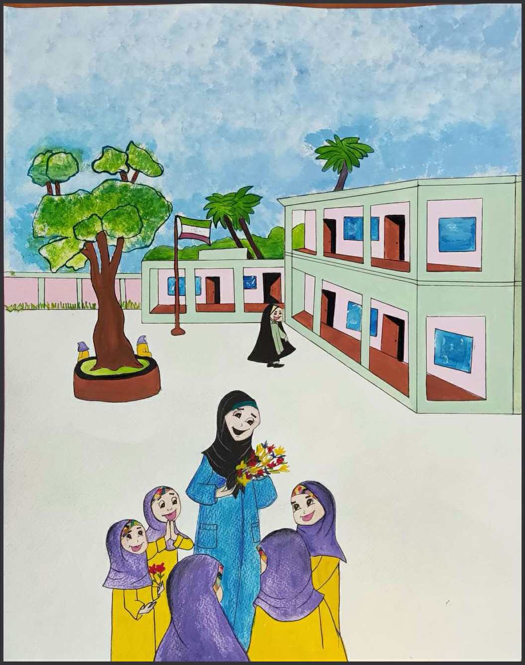 نقاشی شماره ۱- موسی جعفری ۱۶ ساله ( رنگ آمیزی با آبرنگ)- موضوع: رویای من مدرسه